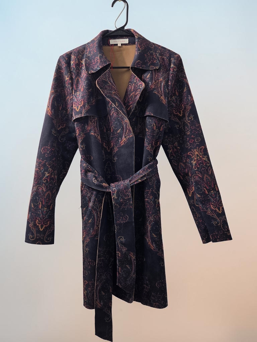 Solitaire Navy Paisley Coat with Burgundy and Gold Accents